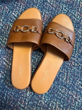 LK Bennett Tan/Brown Leather Chain-Trim Slide Mules